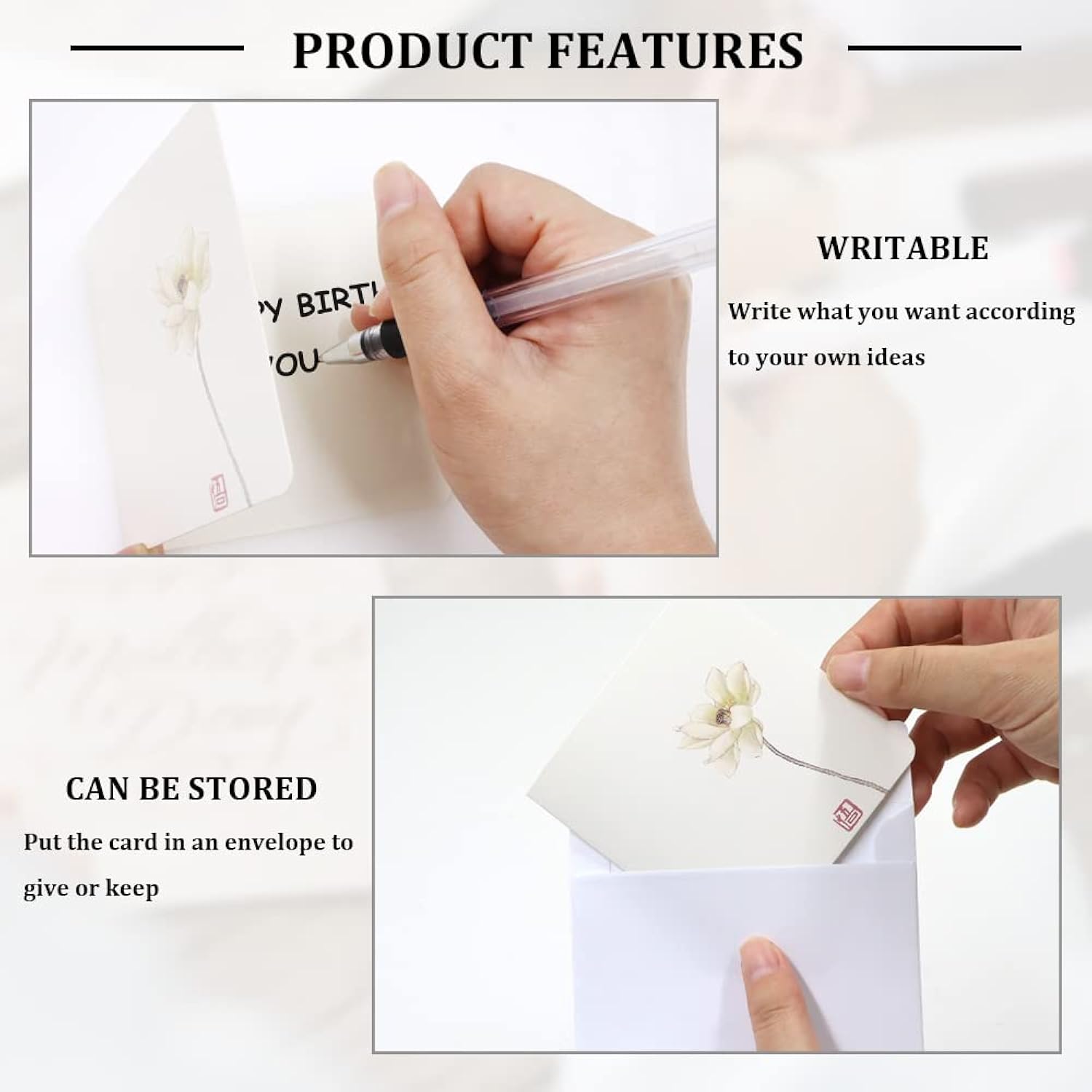 10Pcs All Occasion Greeting Cards With Envelopes Blank Inside, Printable Botanical Notecard Set, 3X3In Simple Plain Half Fold Note Card Small, Vintage Stationary Card (Lotus)