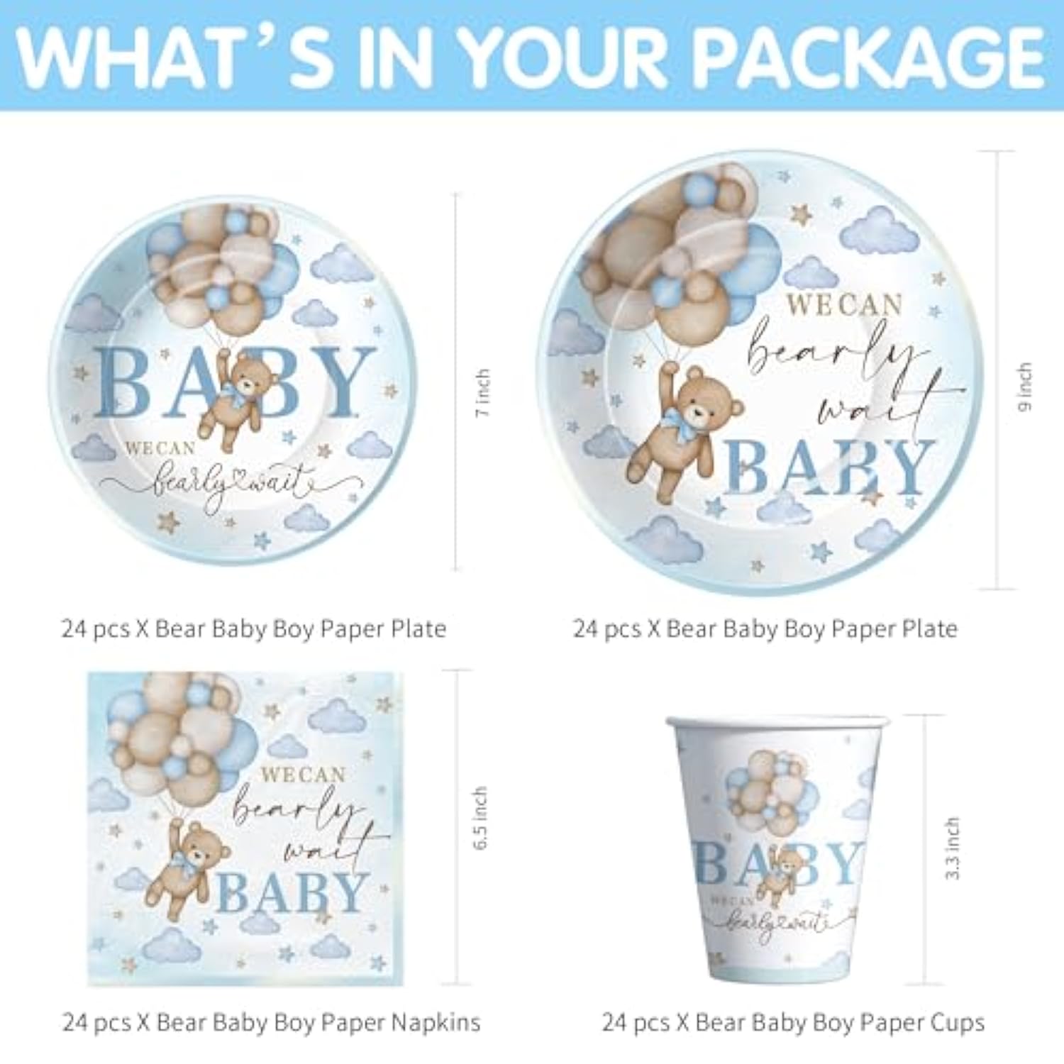 Bear Baby Shower Decorations For Boy, Blue Teddy Bear Theme We Can Bearly Wait Baby Shower Decorations Party Supplies, Paper Plate, Cup, Banner, Tablecloth, Napkin, Swirls, Cutlery, Serves 24