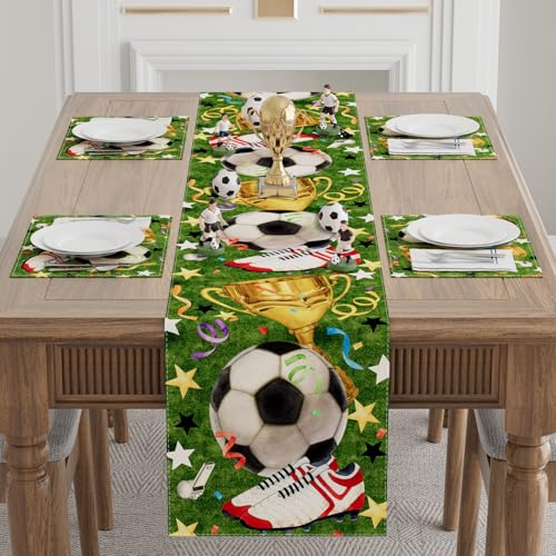 Soccer Theme Grass Trophy Sneakers Table Runner Game Day Table Decoration for Soccer Party Home Kitchen Dining Holiday Decor 13x72 Inch