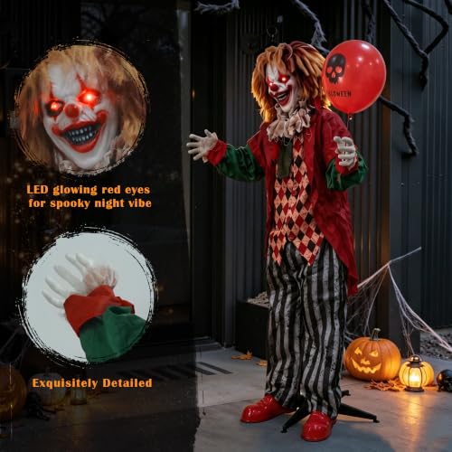 5.3FT Halloween Animatronics Clown Decorations, Sound Activated Standing Animated Clown with Lighted Eyes, Clown Holding Balloon for Indoor Outdoor Haunted House Party Prop Yard Decor