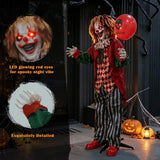 5.3FT Halloween Animatronics Clown Decorations, Sound Activated Standing Animated Clown with Lighted Eyes, Clown Holding Balloon for Indoor Outdoor Haunted House Party Prop Yard Decor
