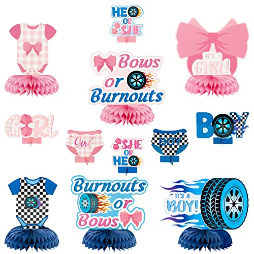 12Pcs Burnouts or Bows Gender Reveal Party Honeycomb Centerpieces Table Toppers for Boys Girls Blue and Pink Car Wheel Bow Tie Party Decoration Supplies for He or She Gender Reveal Baby Shower