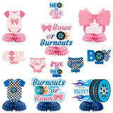 12Pcs Burnouts or Bows Gender Reveal Party Honeycomb Centerpieces Table Toppers for Boys Girls Blue and Pink Car Wheel Bow Tie Party Decoration Supplies for He or She Gender Reveal Baby Shower