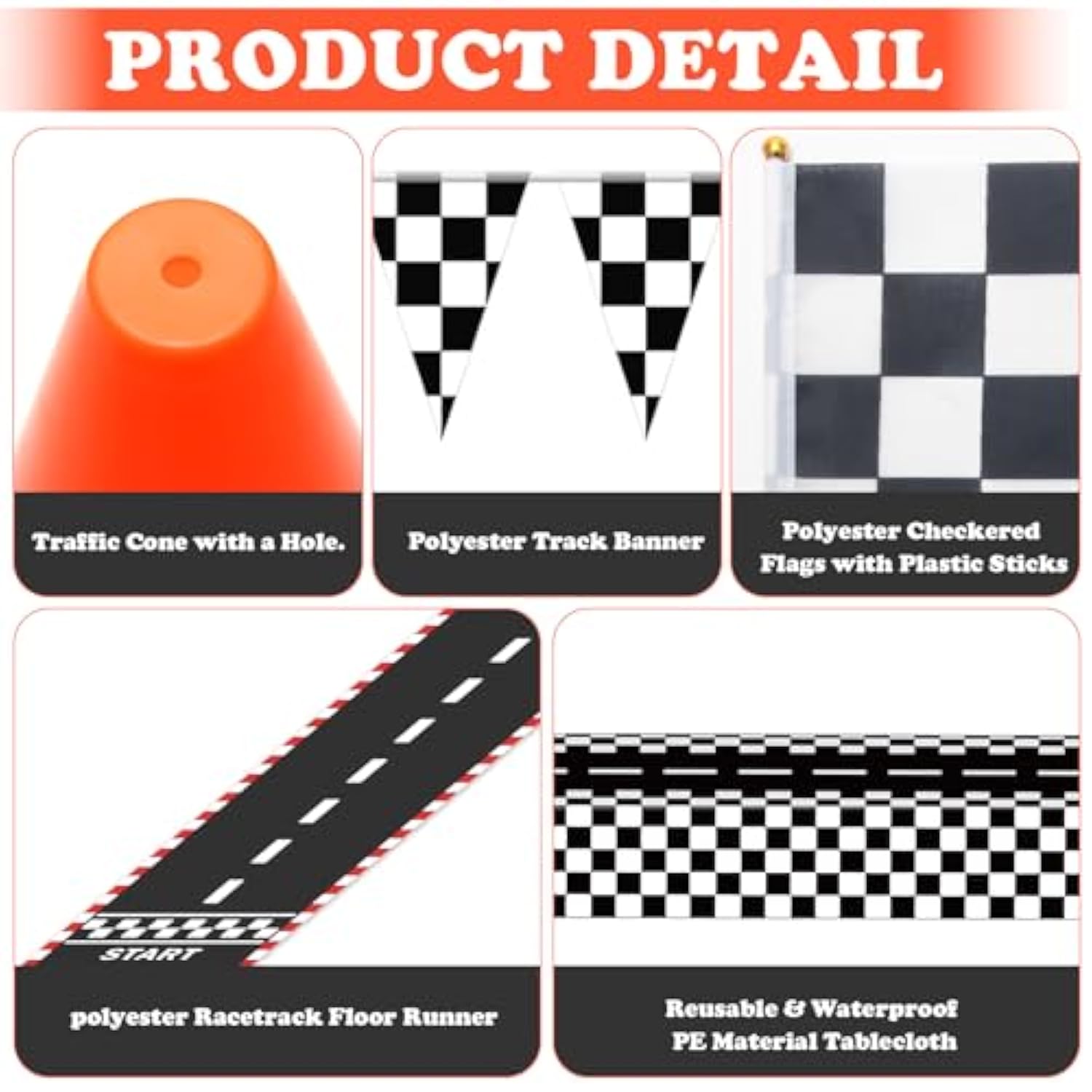 Race Car Party Decorations, 61 Pcs Set-12 Traffic Cones And 24 Racing Checkered Flags, 6.5Ft Racetrack Floor Runner And 9.8Ft Checkered Race Track Banner, Tablecloth, Balloons And Ribbons