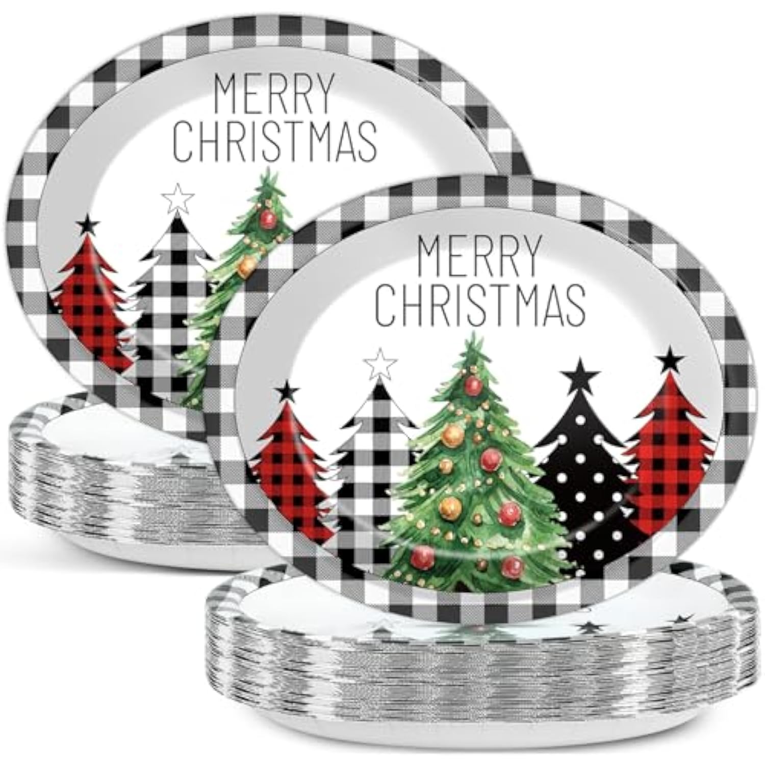 50Pcs Christmas Buffalo Plaid Tree Oval Paper Plates 11 Inch Black White Gingham Party Supplies Merry Christmas Disposable Dinnerware Plates Xmas Serving Tray For Holiday Party Supplies Decorations