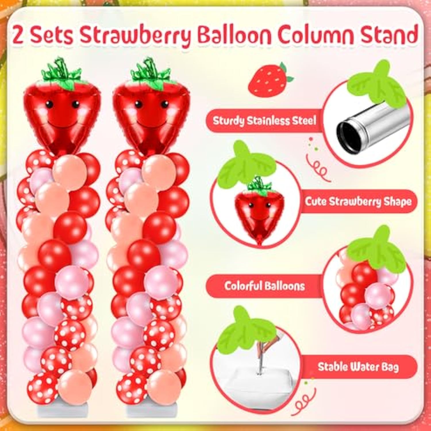 2 Set Strawberry Party Balloon Column Stand Kit Strawberry Red And Pink Foil Balloons Arch Garland Kit For Berry Sweet First Theme Baby Shower Birthday Party Decorations