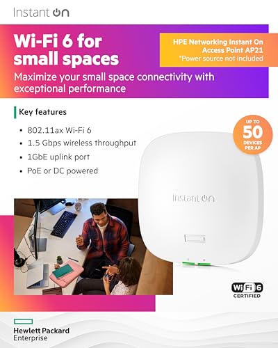 Hpe Networking Instant On Access Point Ap21 2X2 Wifi 6 Indoor Wireless Access Point | Single-Room, Secure, Smart Mesh Support | Power Source Not Included | Us Model (S1T08A)