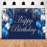 Navy Bluey and Silver Happy Birthday Backdrop Banner Sign for Favor Men Women Retirement Photography Background Party Decorations Supplies 7x5ft
