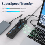 Powered Usb Hub, 11-Port Usb 3.0 Hub Splitter - 10 Usb 3.0 Data Transfer Ports