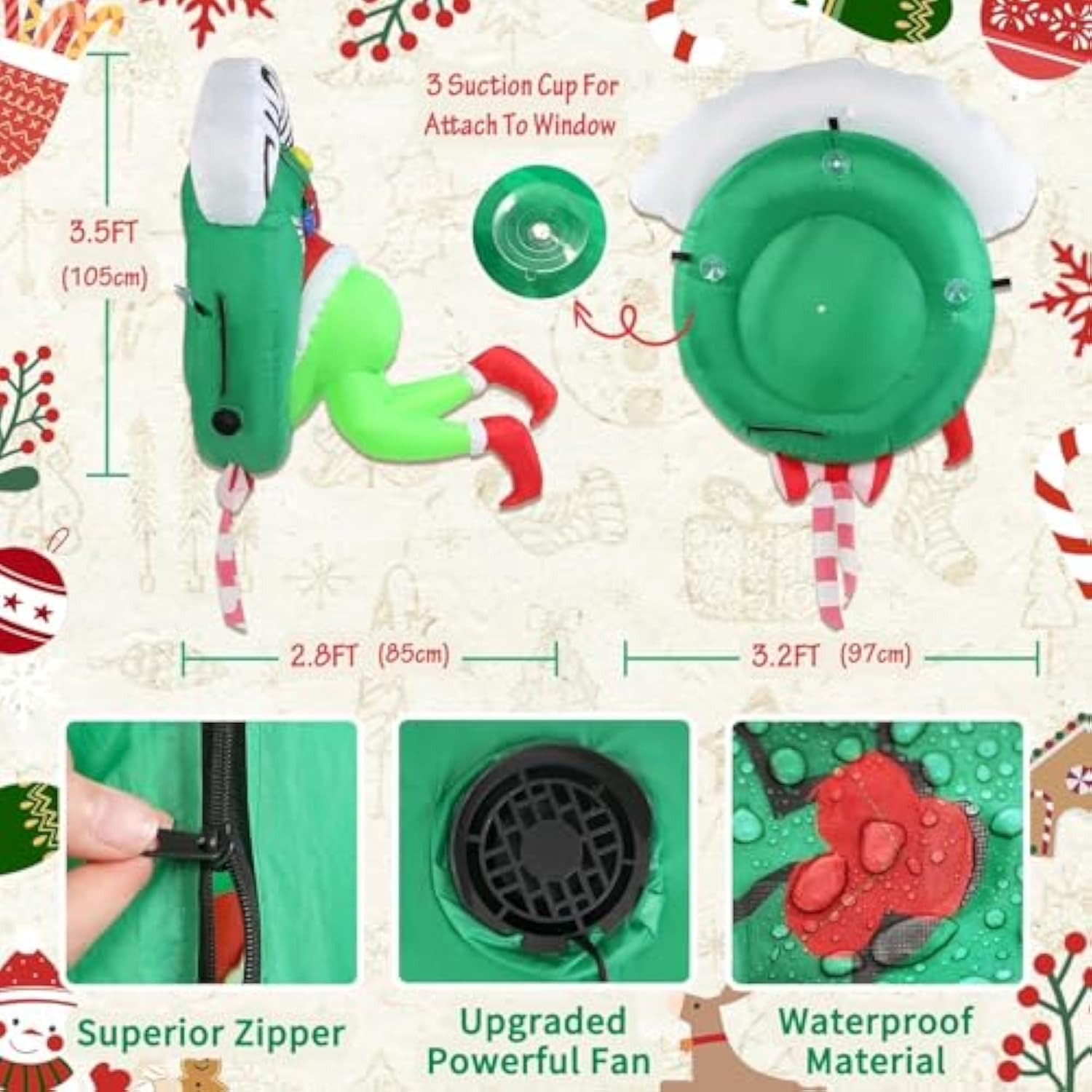 Christmas Inflatable Outdoor Decoration Window 3.5Ft Green Ugly Monster In Wreath With Built-In Led Lights For Yard Chri