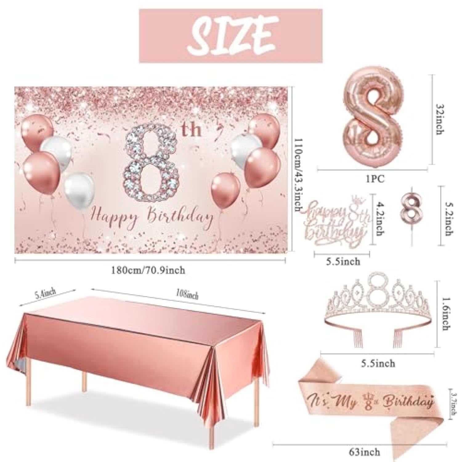 8Th Birthday Decorations - Rose Gold Party Set For Girls, Includes Banner, Tablecloth, Sash, Tiara & Cake Topper, Pink Gold 8 Number Balloons