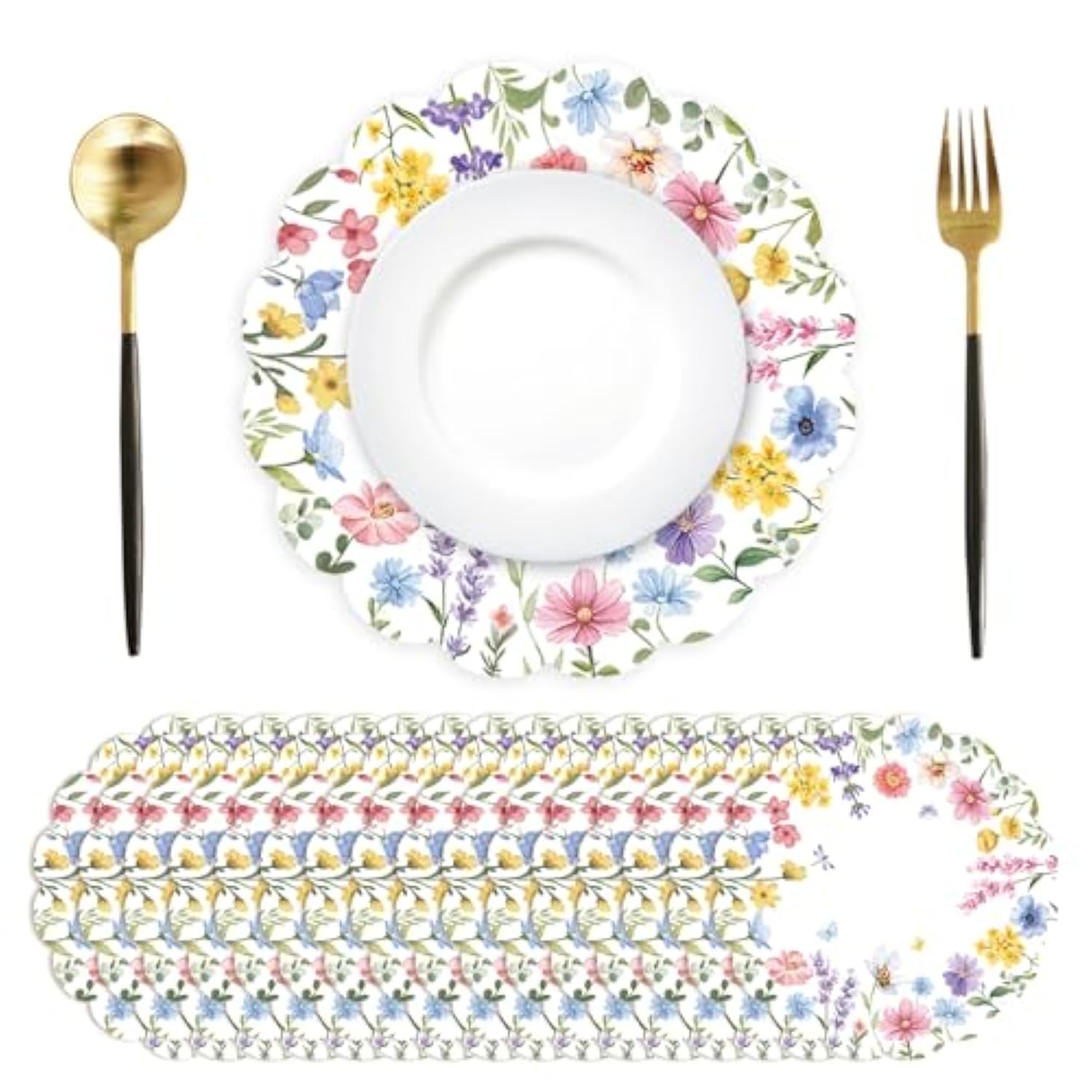 50 Pcs Spring Flowers Paper Placemats,13.4 Inch Wildflower Butterfly Disposable Scalloped Place Mats Spring Summer Round Table Mats For Birthday Wedding Banquet Bridal Shower Party Supplies