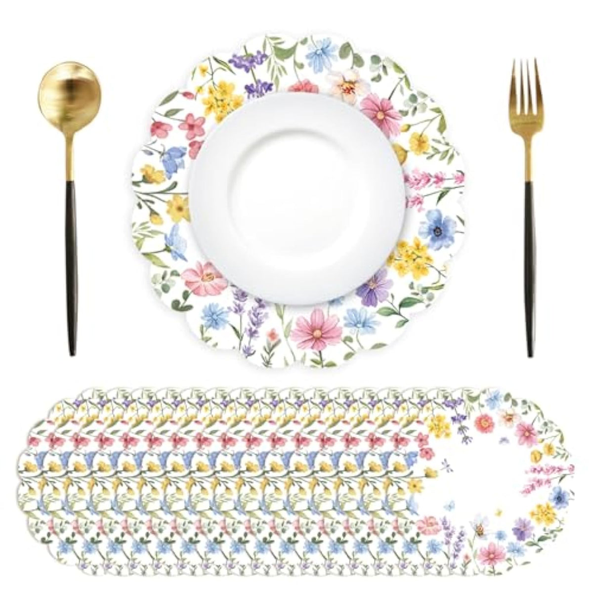 50 Pcs Spring Flowers Paper Placemats,13.4 Inch Wildflower Butterfly Disposable Scalloped Place Mats Spring Summer Round Table Mats For Birthday Wedding Banquet Bridal Shower Party Supplies