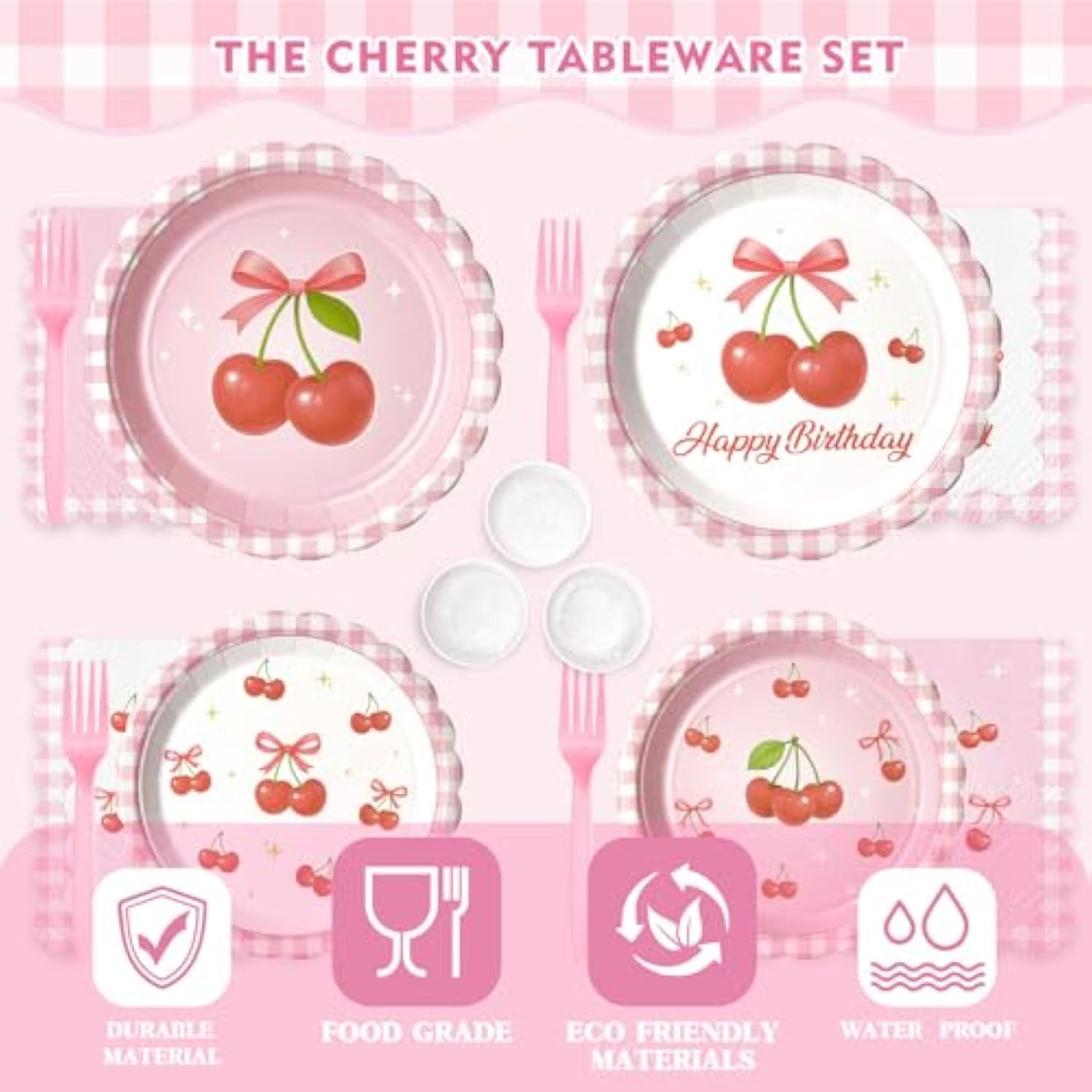 300 Pcs Cherry Plates And Napkins Tableware Set (Serves 50), Plates Napkins Cups Straws And Forks Sets, Cherry Party Birthday Supplies, Tropical Baby Shower Birthday Bridal Party Decorations