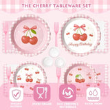 300 Pcs Cherry Plates And Napkins Tableware Set (Serves 50), Plates Napkins Cups Straws And Forks Sets, Cherry Party Birthday Supplies, Tropical Baby Shower Birthday Bridal Party Decorations