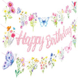 Wildflowers Happy Birthday Banners 3Pcs Pink Butterfly Theme Party Decorations For Women Girl Spring Birthday Baby Shower Supplies