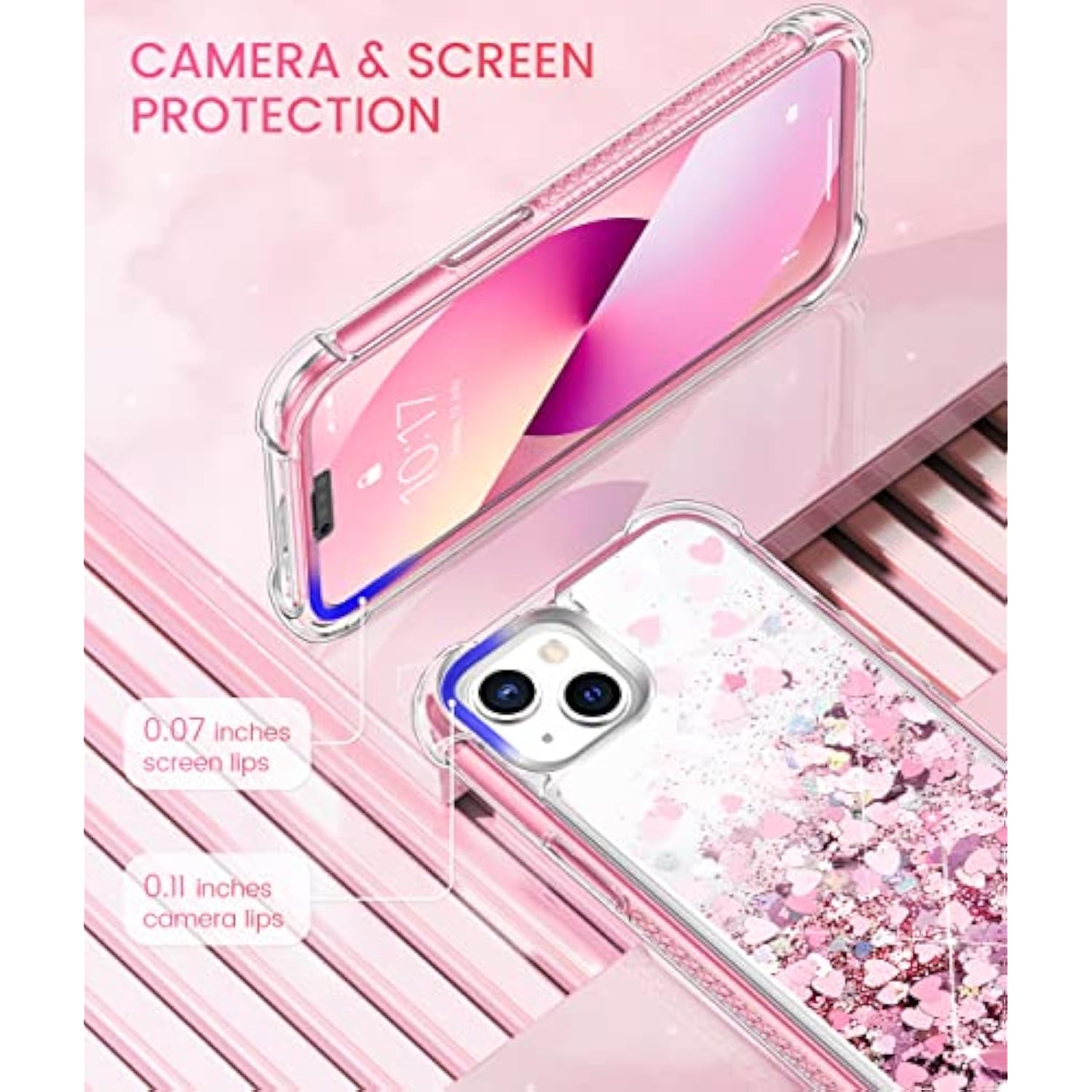 Glitter Case For 13 & 14 For Women Girls, Full Body Bling Sparkle Liquid Shockproof Protective Phone Cover With Built-In Screen Protector – Pink