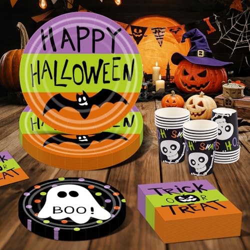 96 Pcs Halloween Paper Plates Set - Include Paper Plates Cups Napkins for Halloween Party Supplies, Serve 24 Guests