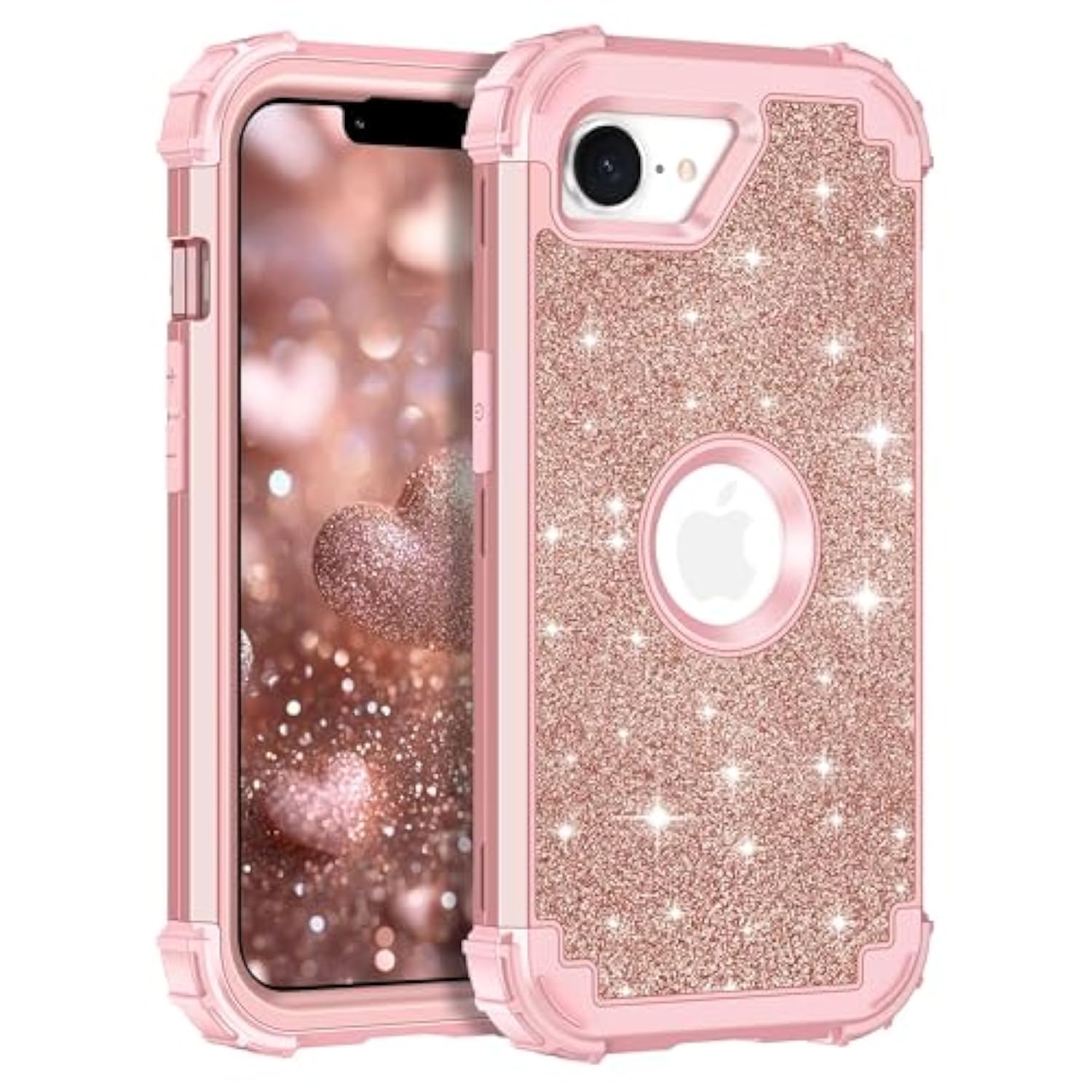 For Iphone 16E Case Glitter Sparkly Bling 3 In 1 Shockproof Heavy Duty Hybrid Sturdy High Impact Protective Cover Case For Iphone 16E 6.1 Inch 2025,Rose Gold