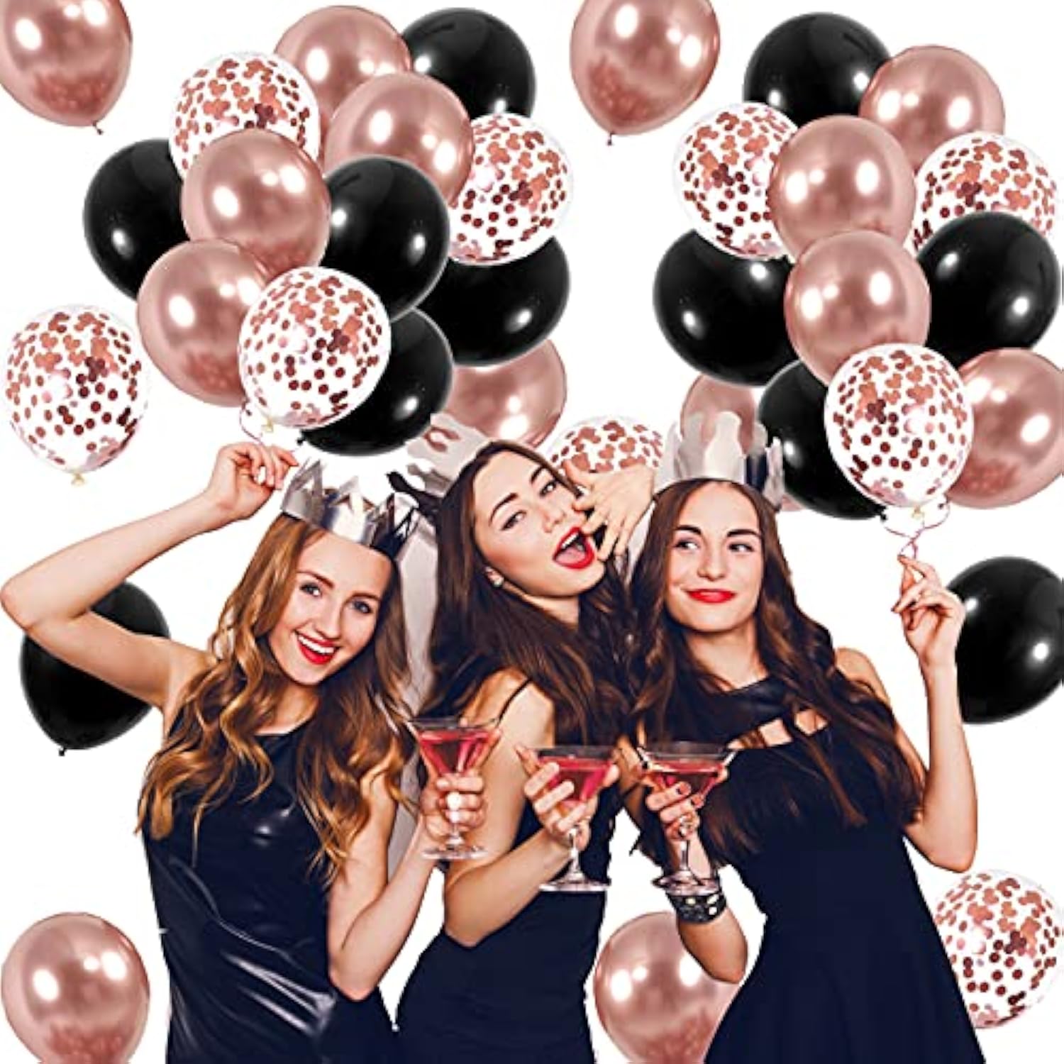55Pcs Chrome Metallic Rose Gold & Black Confetti 12" Latex Balloons Party Decorations