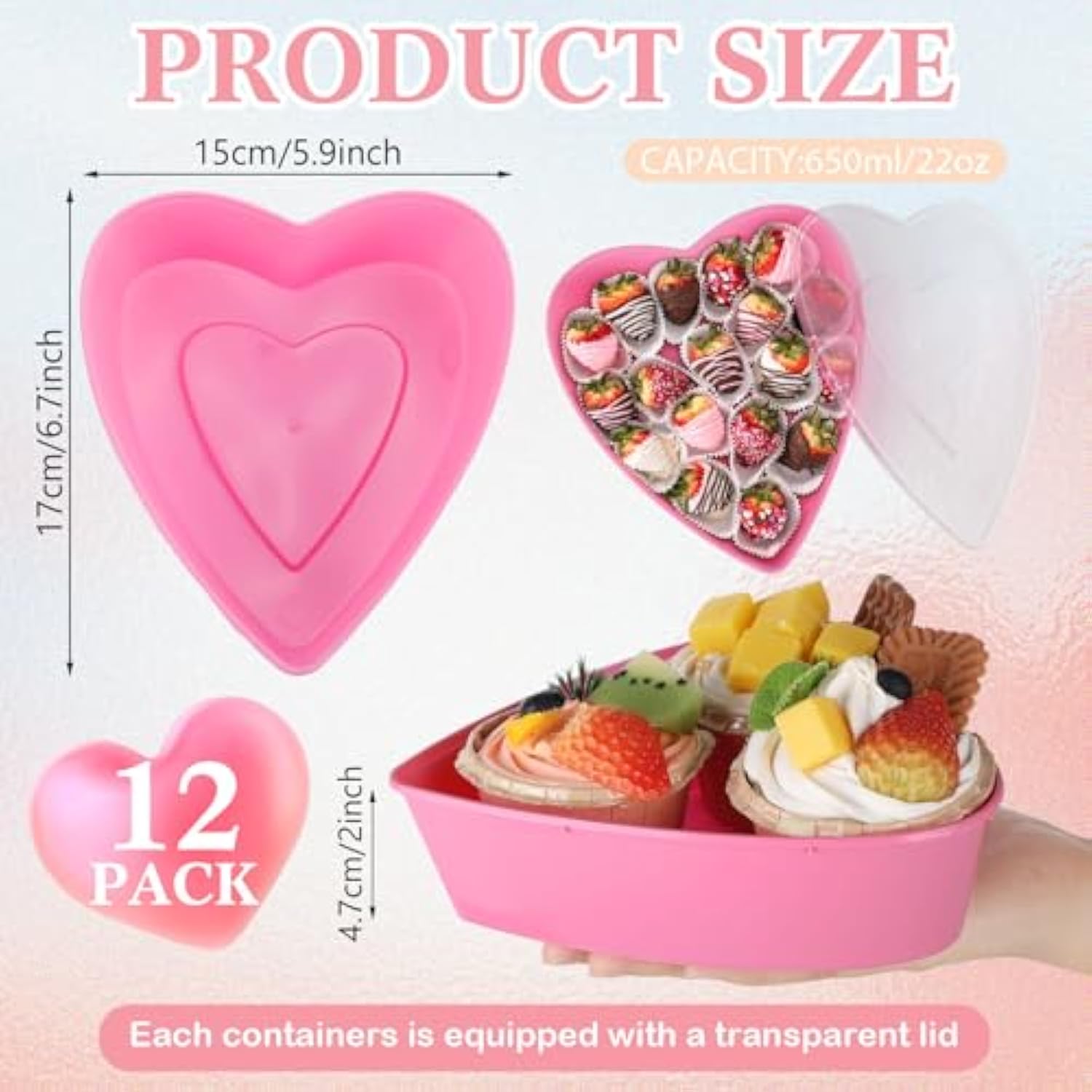 6 Pieces Valentines Heart Food Containers With Lids 22 Oz / 650 Ml Large Heart Shaped Food Containers Plastic Storage Box Reusable Dessert Box For Kitchen Restaurant Fruit Vegetable (Pink)