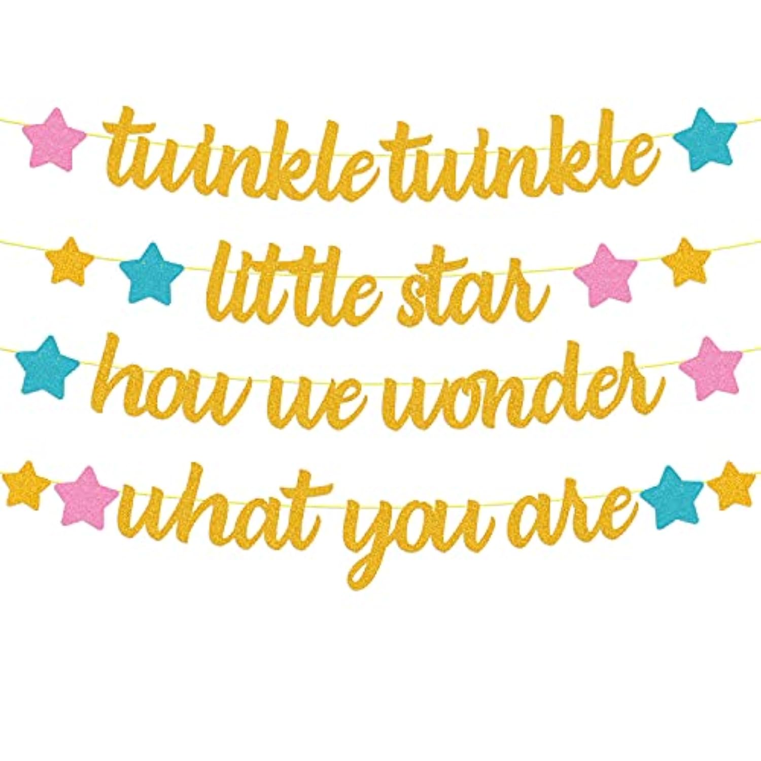 Twinkle Twinkle Little Star How We Wonder What You Are Banner Gender Reveal Decorations He Or She Pink Blue Gold Star Baby Shower Party Supplies Glitter Décor Pre-Strung