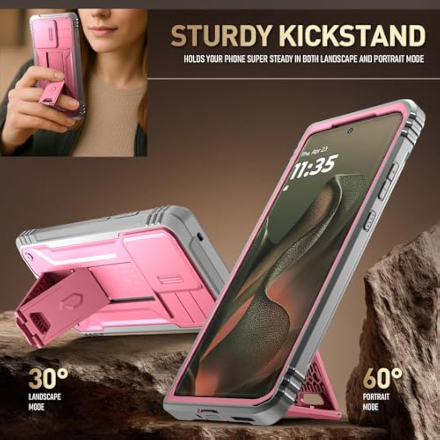 Revolution Case For Motorola Moto Edge 2025 [Not For 2024 Version], [Slide Camera Cover], Full-Body Military Grade Rugged Shockproof Cover With Kickstand And Built-In-Screen Protector, Pink