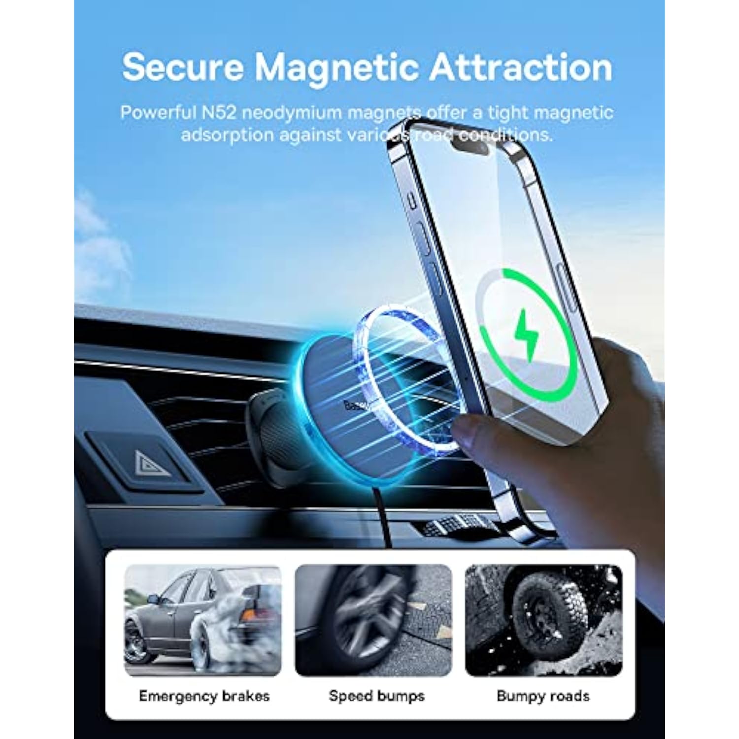 Baseus [All in One] MagSafe Car Mount, 15W Fast Charging Phone Mount for Vent, Magnetic Wireless Charger With 40W USB A Charger and Cable for iPhone 15 14 13 12 Pro Max Plus