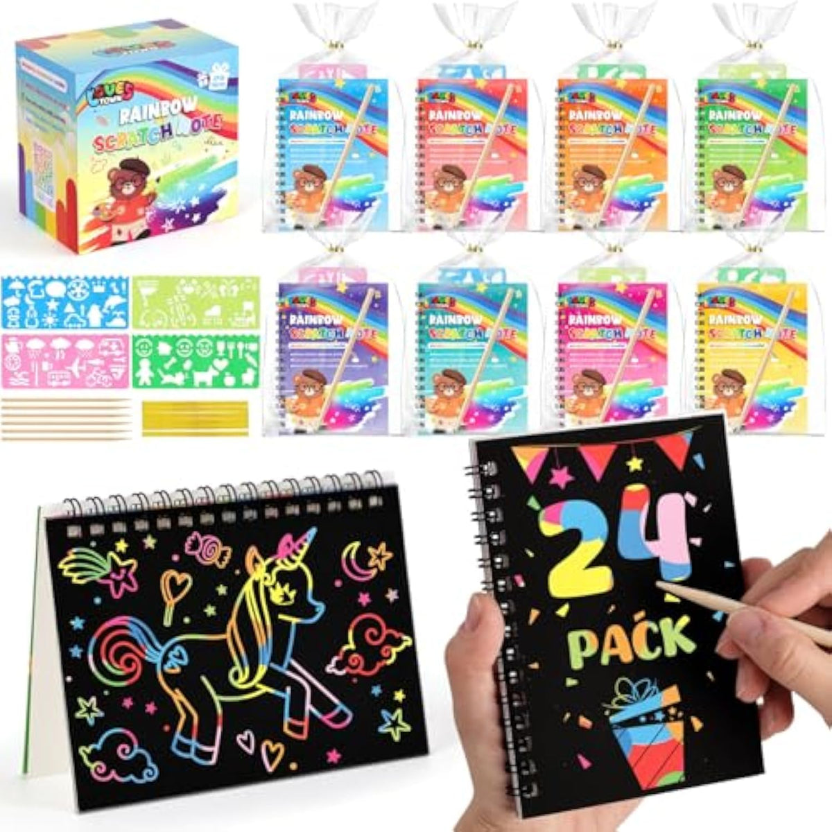 Scratch Art Party Favors For Kids, 24 Pack Rainbow Scratch Notebook Craft School Supplies For Goodie Bags Stuffers Classroom Prizes Birthday Gift