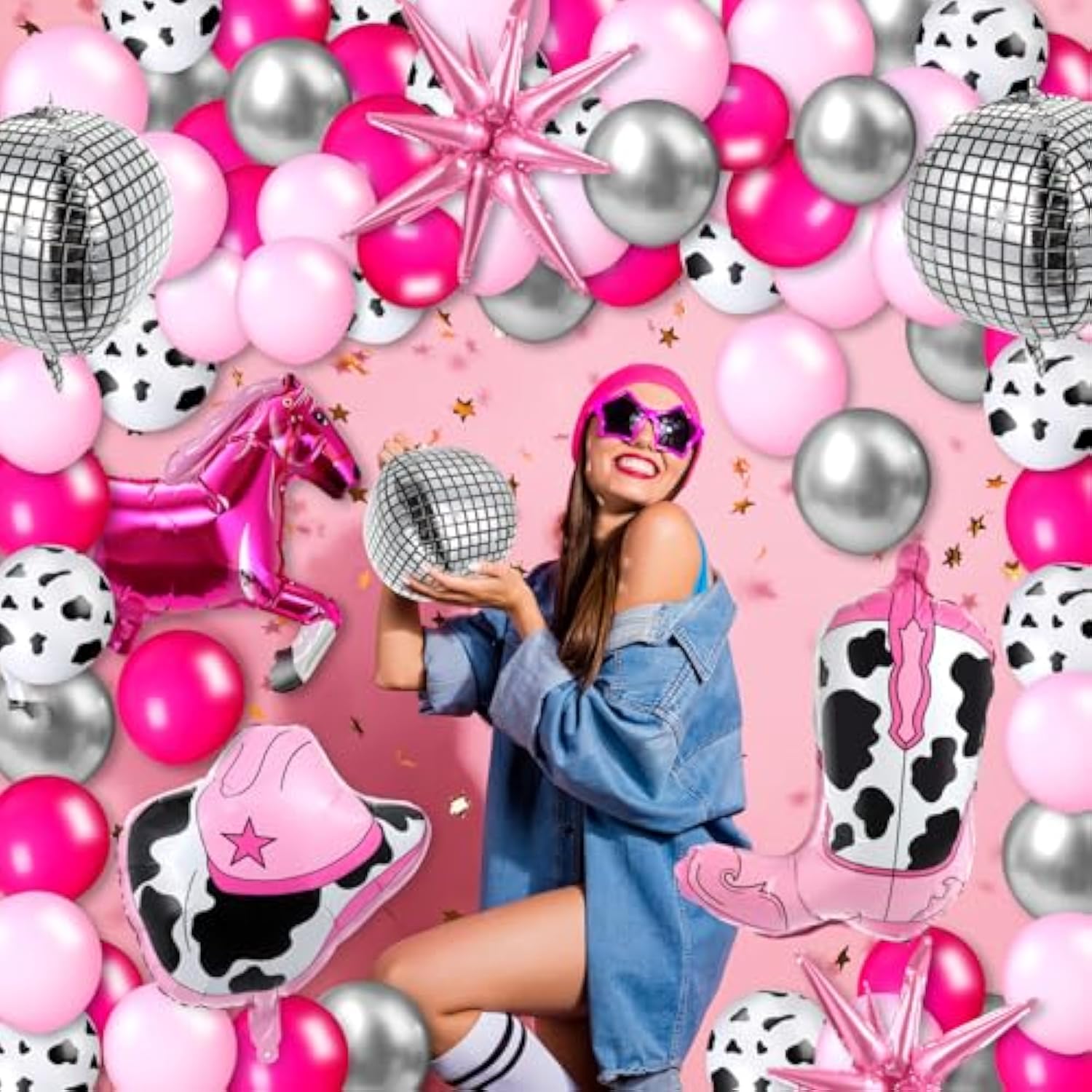 23 Pcs Cowgirl Theme Party Balloons Set Cow Print Cowgirl Hat Boot Pink Silver Star Balloons Ribbon For Western Theme Decorations Retro Horse Rodeo Party Supplies (Horse)