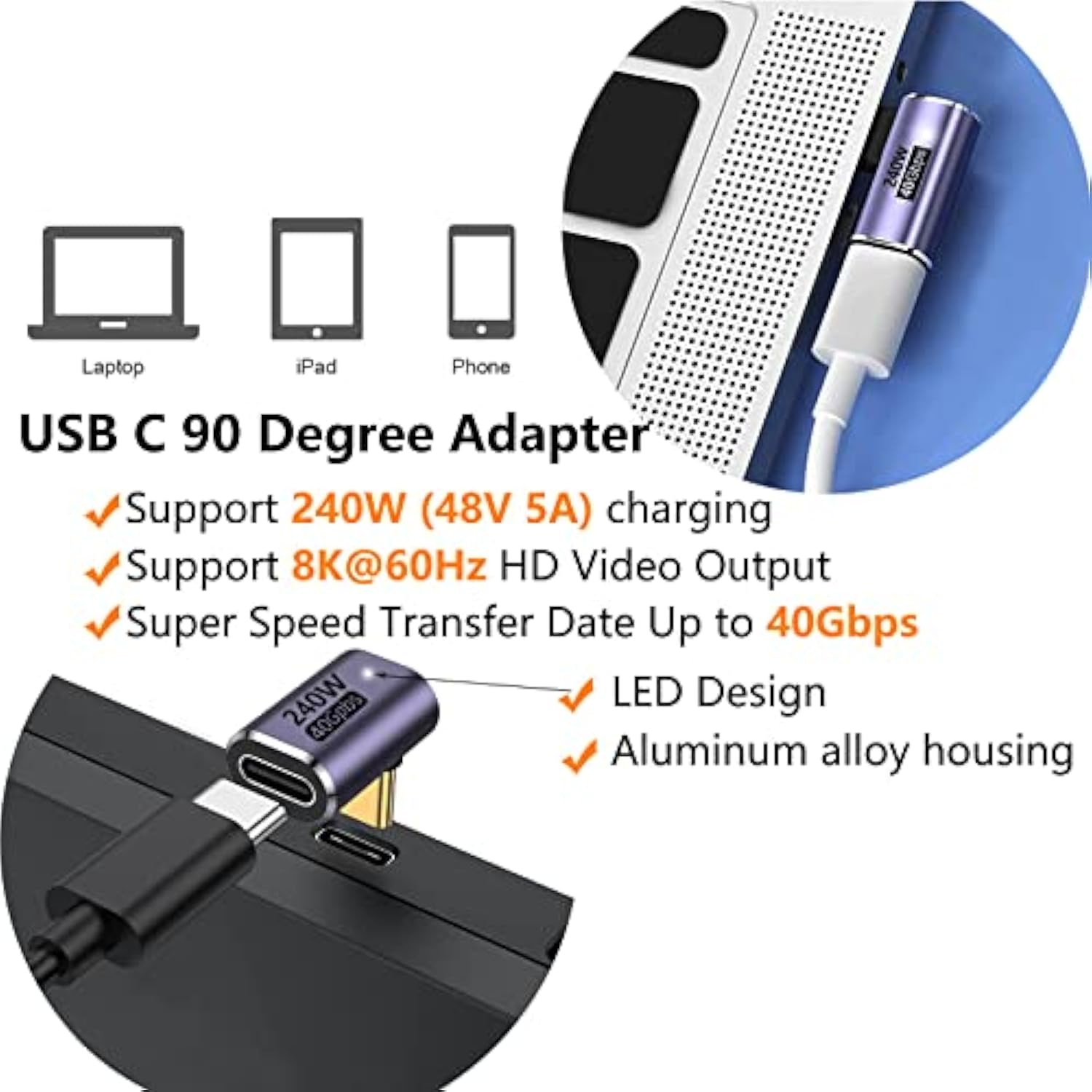Usb C 90 Degree Adapter,Usb C Right Angle Adapter With 40 Gbps Pd 240W 8K@60Hz