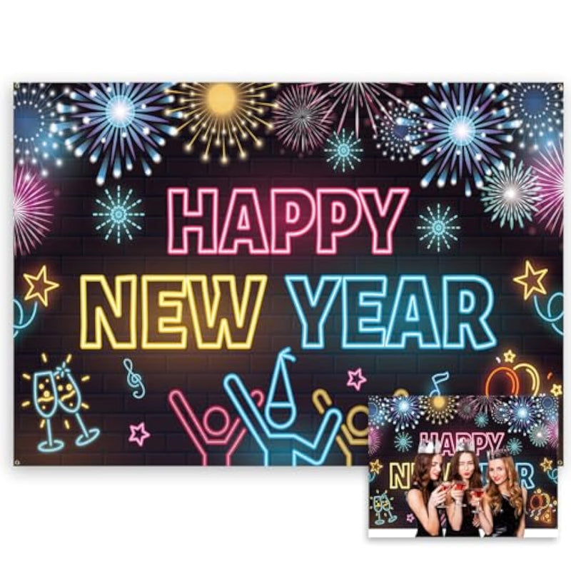 Neon Happy New Year Banner, 72.8 * 43.3 Inch, Polyester, Neon, New Year, Prom, Backdrop
