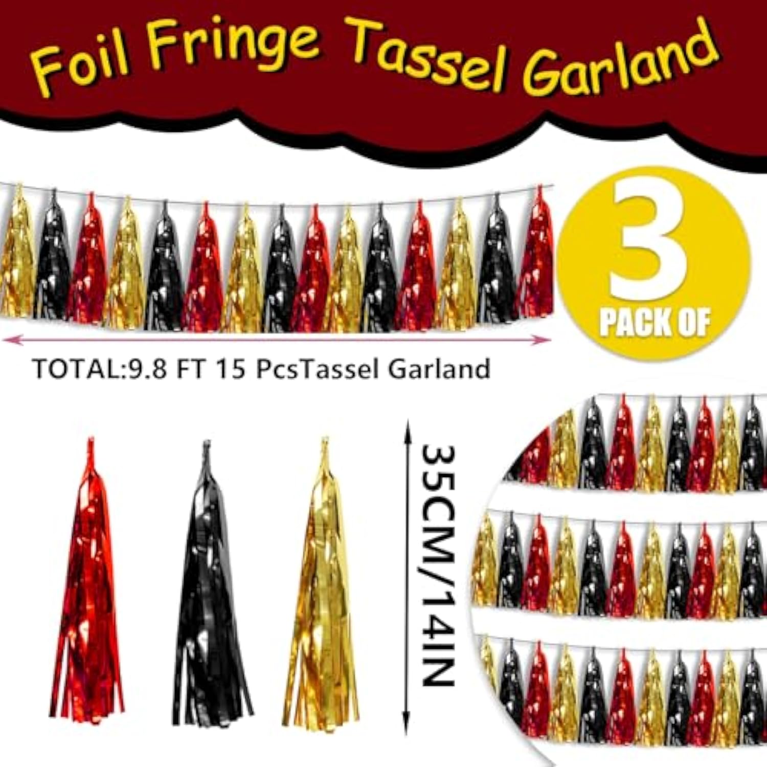 3P Metallic Fringe Banner Garland Foil Tinsel Streamer Wall Hanging Curtain Backdrop Banners For Parade Floats Graduation Decorations, Baby Bridal Shower Party Decoration(Red-Black Gold)