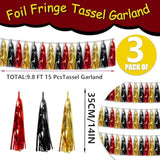 3P Metallic Fringe Banner Garland Foil Tinsel Streamer Wall Hanging Curtain Backdrop Banners For Parade Floats Graduation Decorations, Baby Bridal Shower Party Decoration(Red-Black Gold)