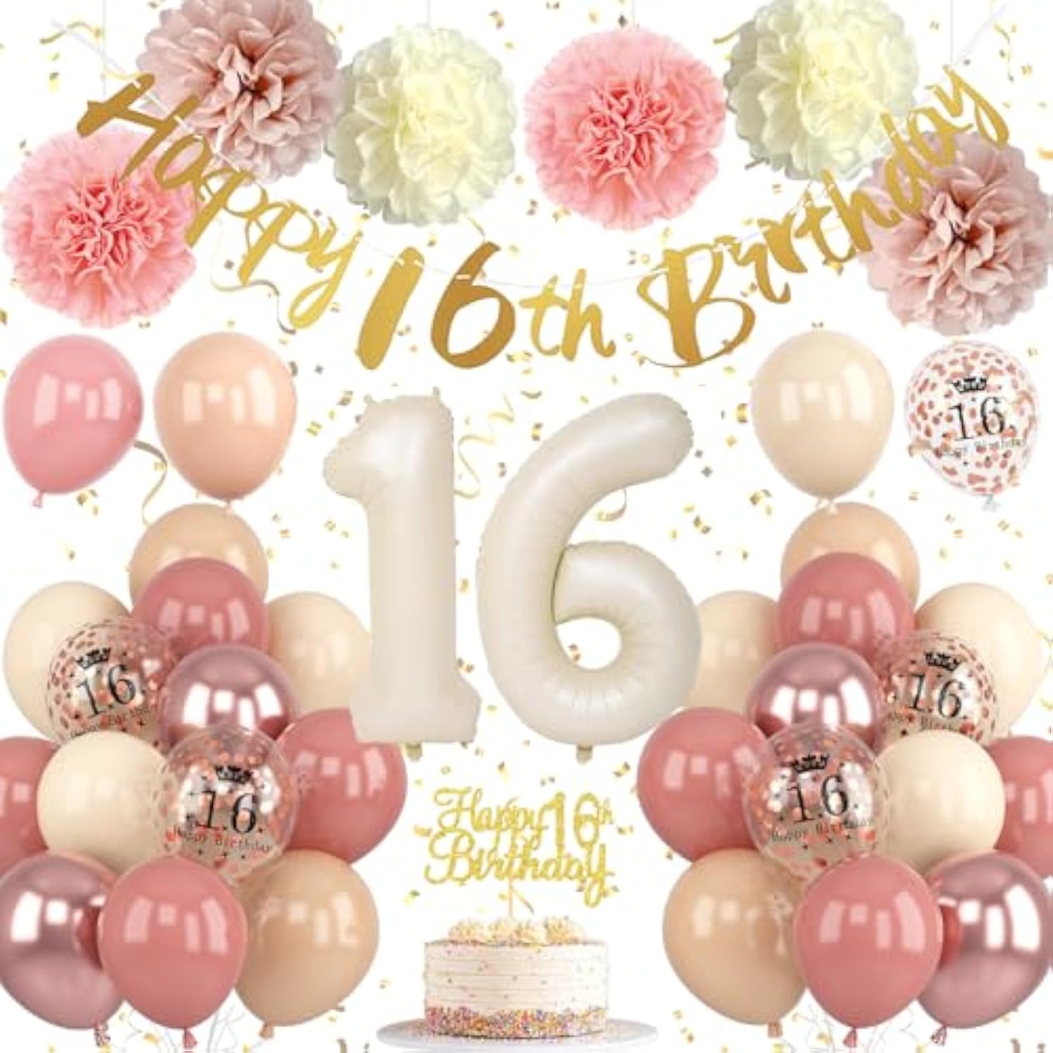 16Th Birthday Decorations Retro Blush Pink Sweet 16 Girls Birthday Balloons Happy 16Th Banner Cake Toppers Rose Gold Number 1 6 Balloon Pom Poms For 16 Year Old Bday Party Decoration Supplies