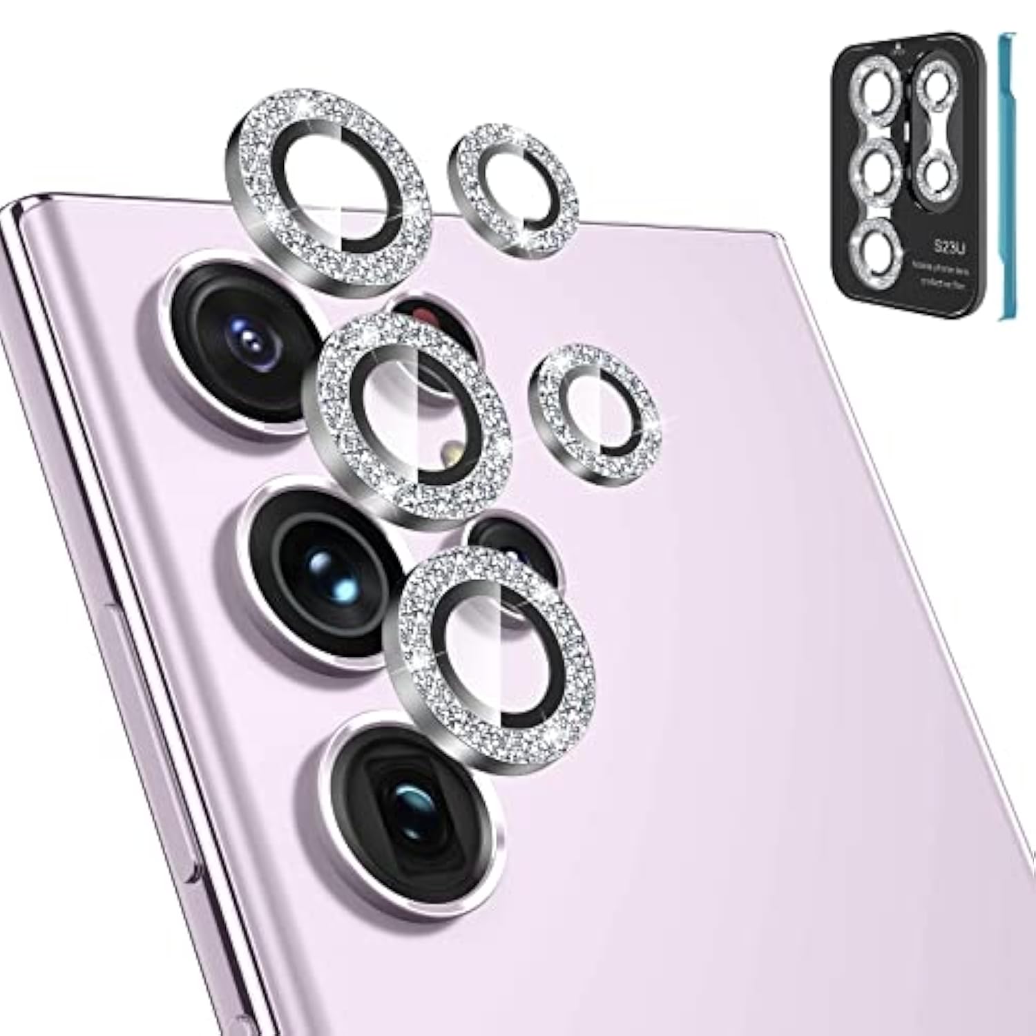 (3+2Pcs For Samsung Galaxy S23 Ultra 5G Camera Lens Protector, 9H Tempered Glass Camera Cover Screen Protector Metal Individual Ring [Installation Tray][Removal Tool][Case Friendly]- Glitter