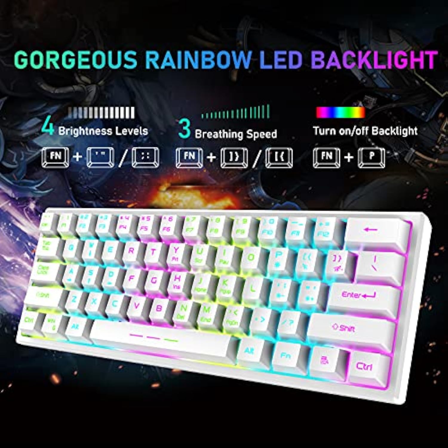 T61 Wireless Gaming Keyboard And Mouse Combo With Ergonomic 61 Key Rainbow Led Backlight Anti-Ghosting Mechanical Feel Rechargeable 4000Mah Battery Mouse Pad For Pc Mac Gamer Typists(White)