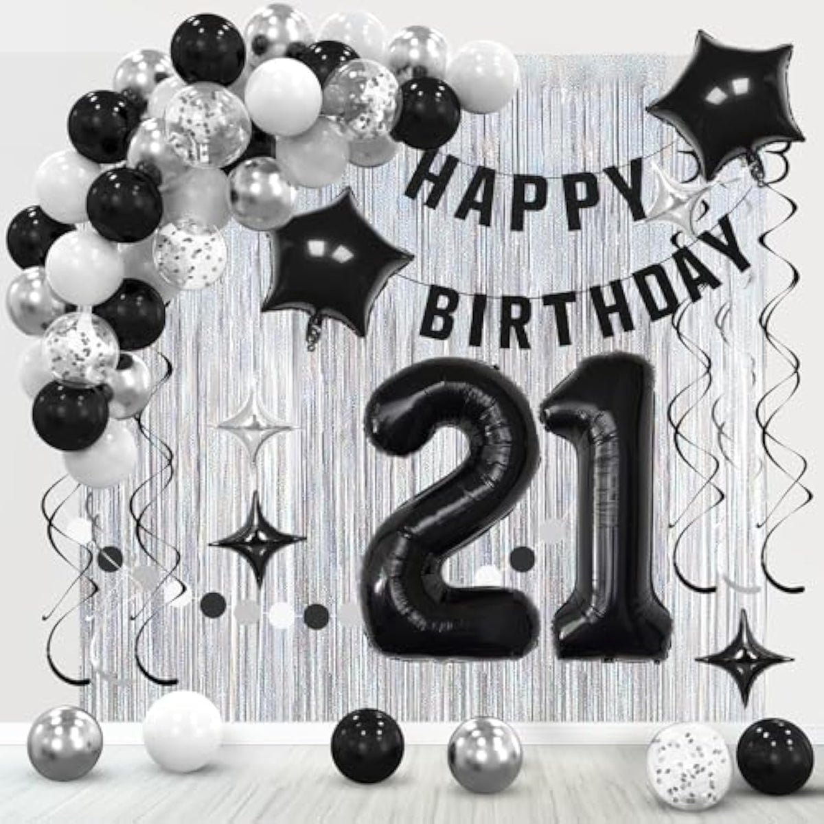 21St Birthday Decorations For Boys Girls, Happy Birthday Decorations For Her Him,21 Black And Silvery Party Kit Supplies