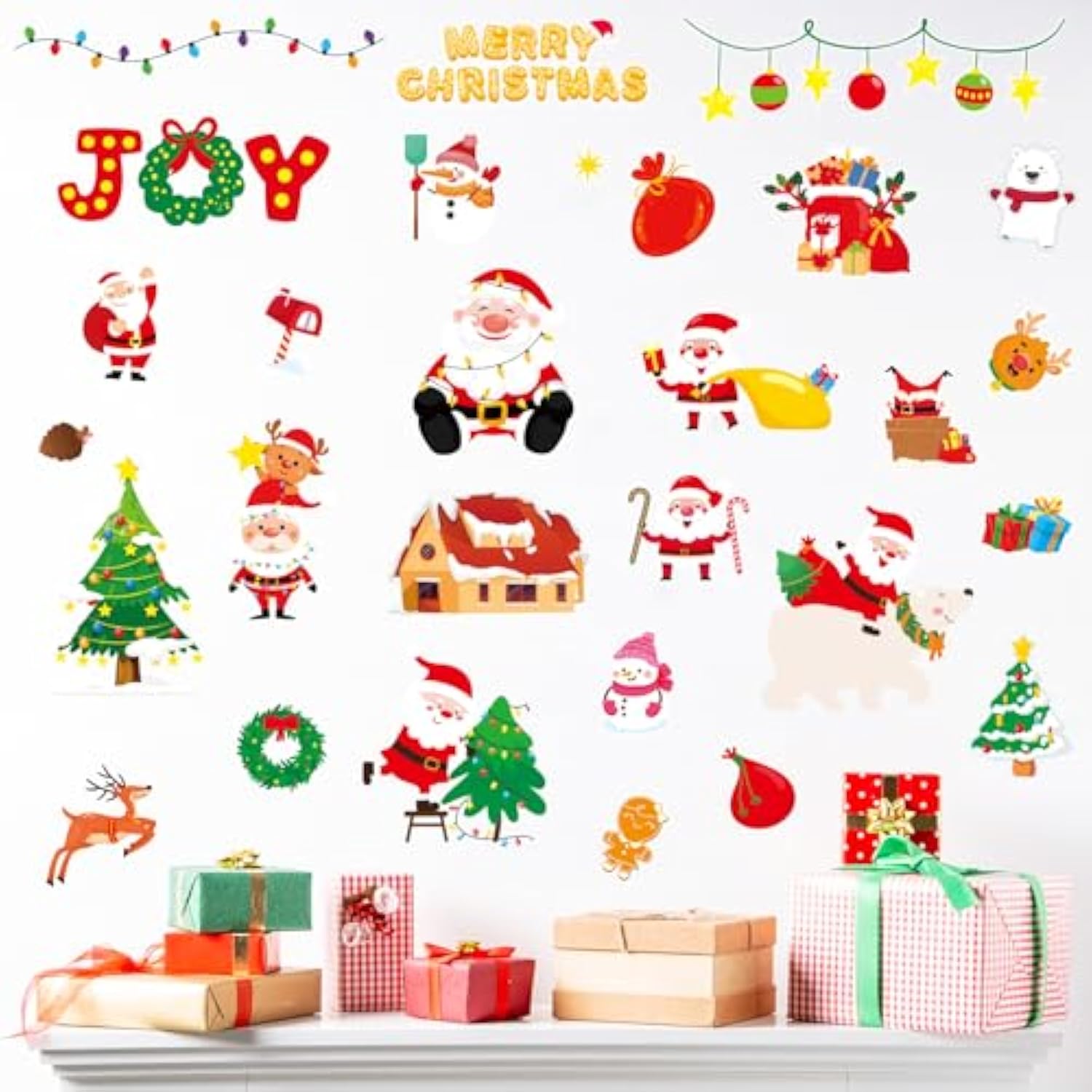 Christmas Wall Decals 124 Pieces Merry Christmas Wall Stickers Santa Snowman Winter Snowflakes Xmas Candy Stickers For Wall Window Door Bedroom Garage Home Office Decor