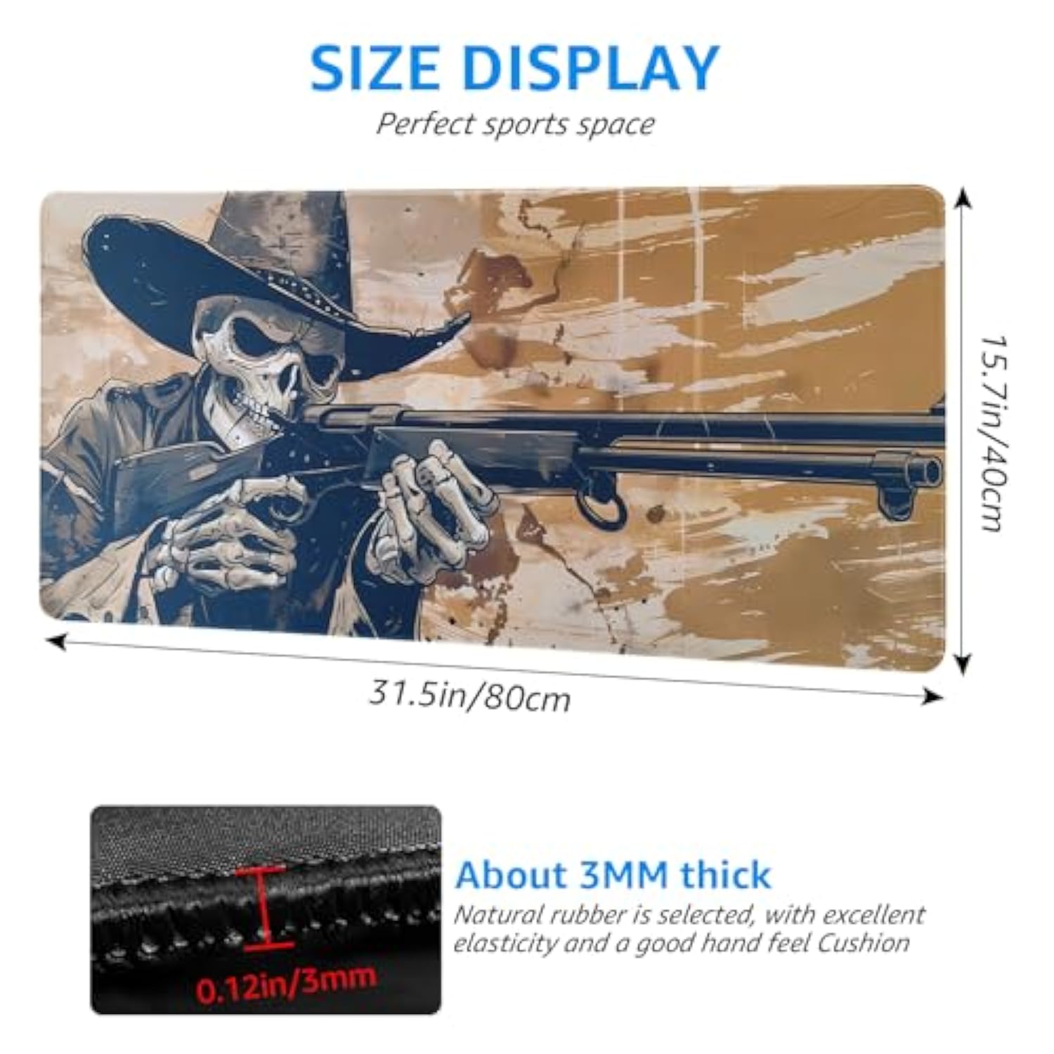 Western Cowboy Skeleton Gaming Mouse Pad, Large Extended Desktop Mat, 31.5 X 15.7 Inches, Non-Slip Base