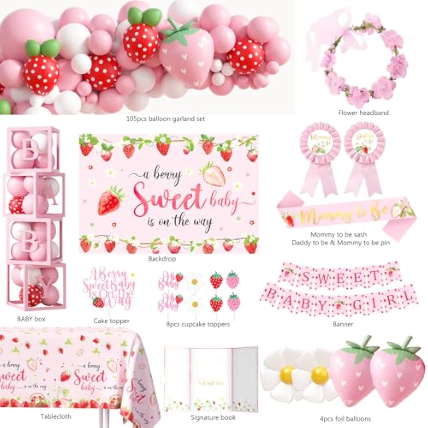 Strawberry Baby Shower Decorations, A Berry Sweet Baby Is On The Way Party Supplies, It'S A Girl Gender Reveal, Backdrop Balloon Arch Box Mom To Be Sash Dad To Be Pin Tablecloths Cake Topper