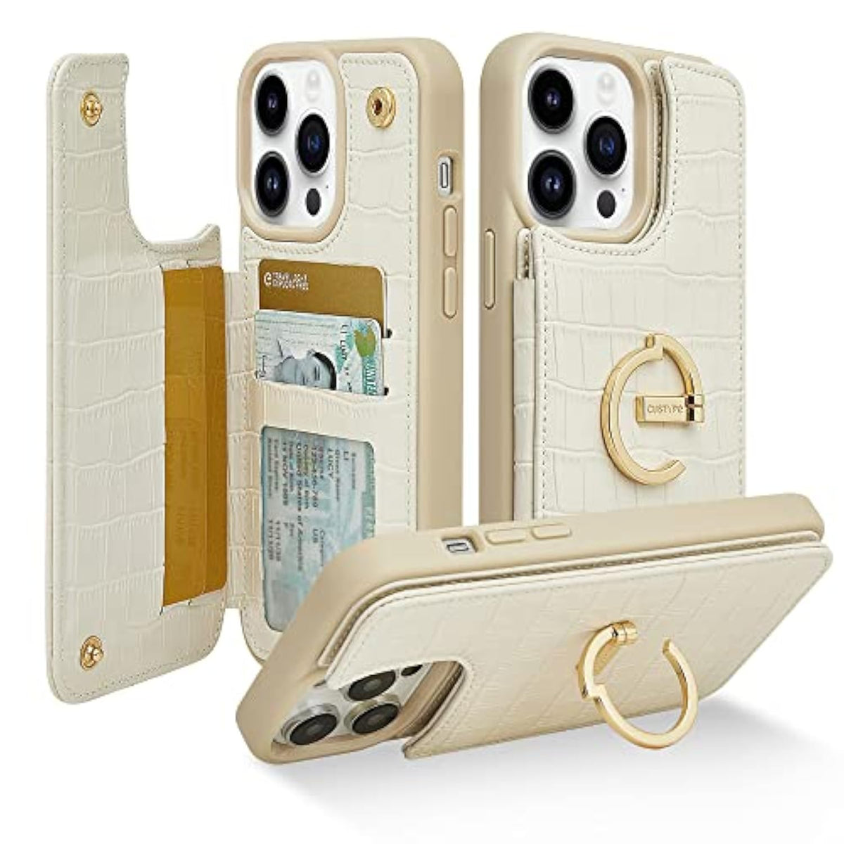 For Iphone 13 Pro Wallet Case With Card Holder Ring Holder Kickstand Card Slots Case For Women And Men Designed For Iphone 13Pro 6.1"-Beige