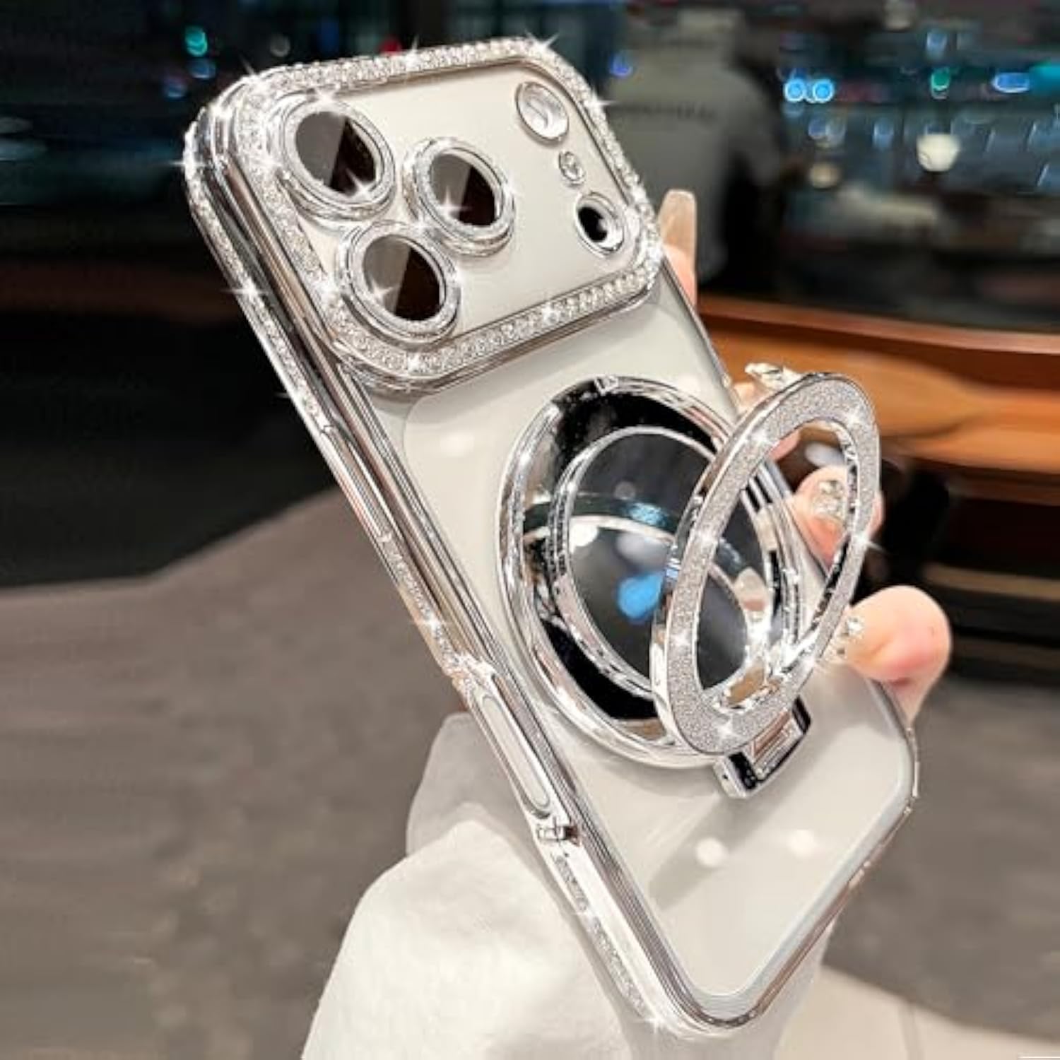 Clear Glitter Diamond Magnetic Case for iPhone 17 Pro Max with Sparkly Makeup Mirror Invisible Stand Ring, 6.9" Silver