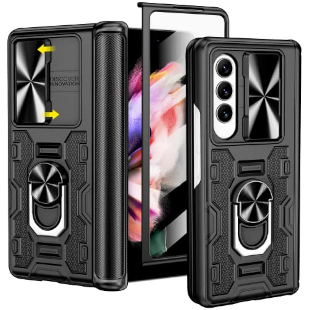 For Galaxy Z Fold 3 Case With Camera Cover, Hinge Protection Case With Front Screen Protector & 360°Ring Magnetic Kickstand Protective Armor Cover For Samsung Galaxy Z Fold 3 Midnight Black