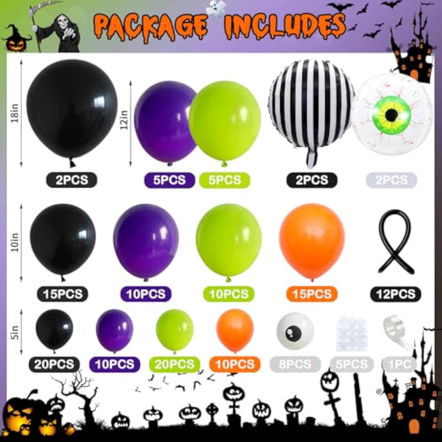 146Pc Halloween Balloon Arch Kit – Purple Green Black Orange with Eyeball Balloon