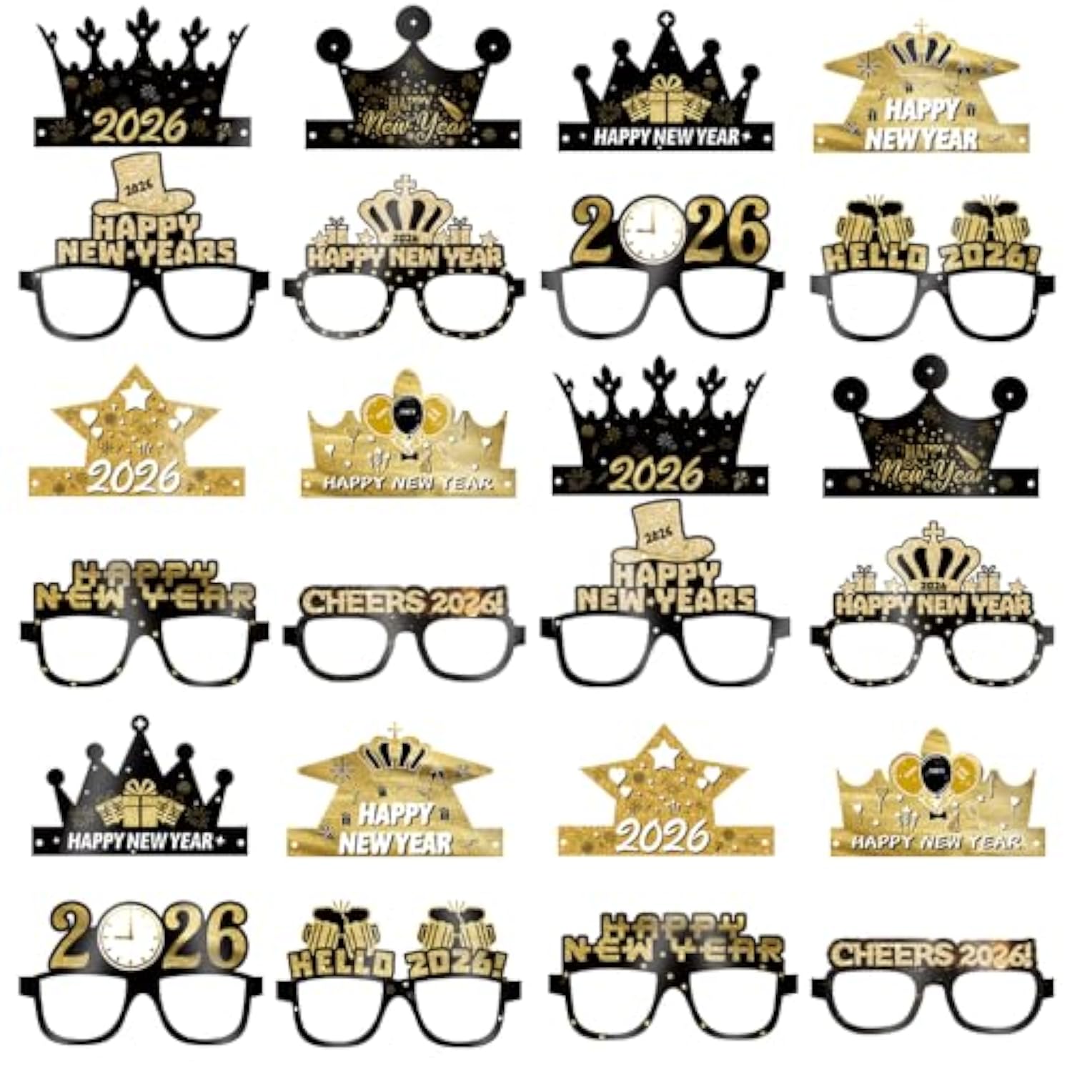 2026 New Year’s Eve 24-Piece Party Set with Black and Gold Hats and Glasses