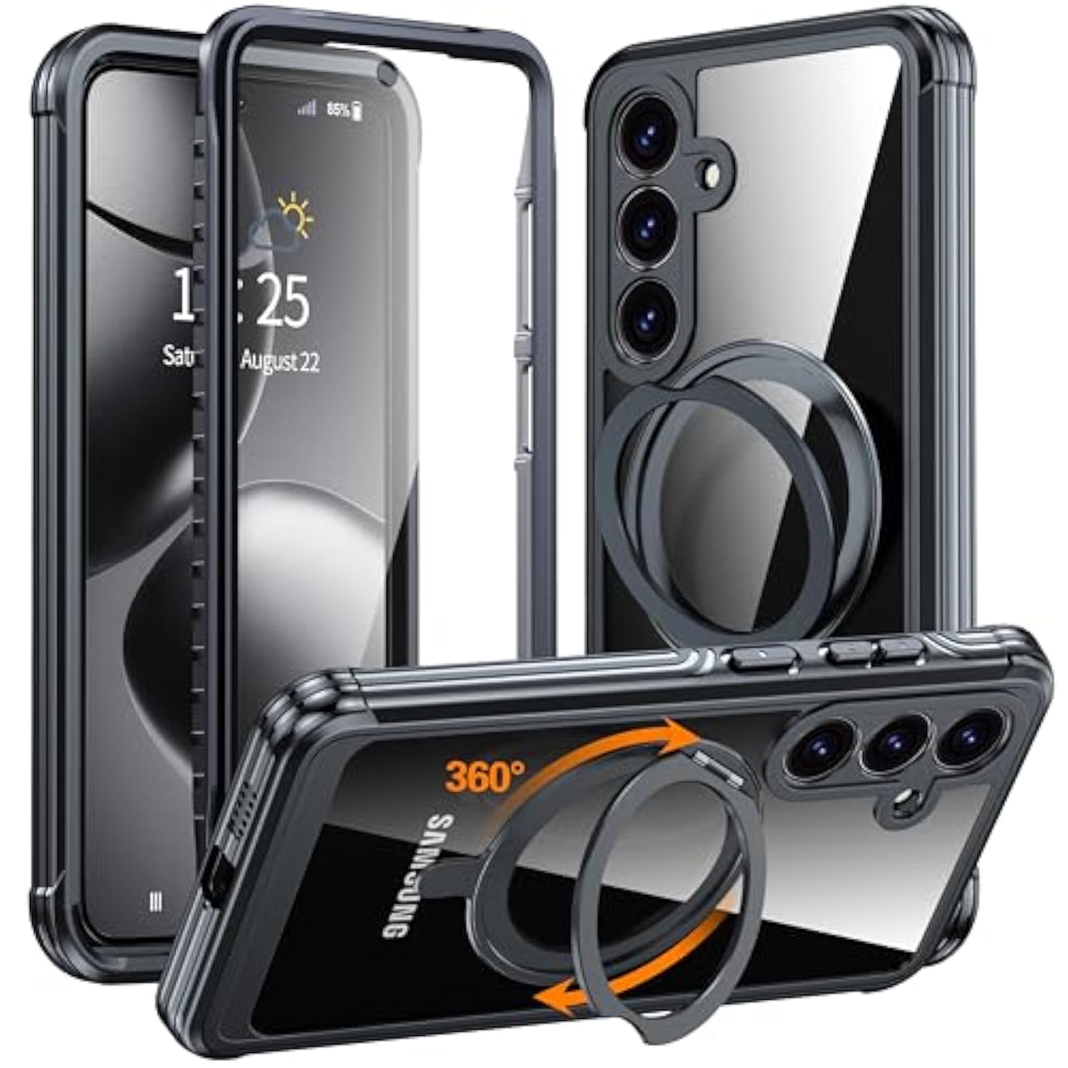 Magnetic Stand For Samsung Galaxy S25+ Case [Fit For Magsafe] [360°Rotatable Stand] [Built-In Tempered Glass Screen Protector] Full-Body Shockproof Military-Grade Protective Case Black