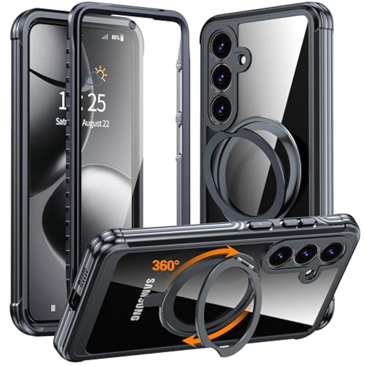 Magnetic Stand For Samsung Galaxy S25+ Case [Fit For Magsafe] [360°Rotatable Stand] [Built-In Tempered Glass Screen Protector] Full-Body Shockproof Military-Grade Protective Case Black
