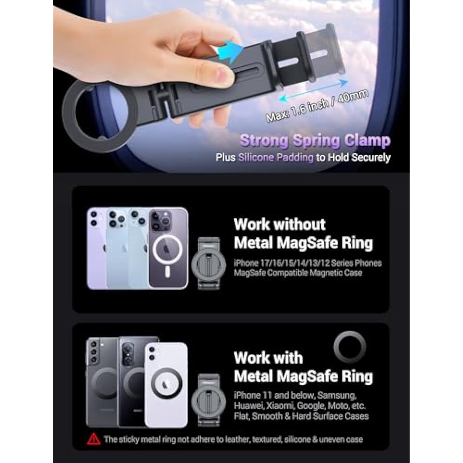 Magnetic Airplane Phone Holder For Magsafe, 16, 15, 14, 13, 12 & All Phones, Handsfree Phone Mount For Seat Tray Table, Pocket Size Travel Essentials Must Have Accessories For Flying