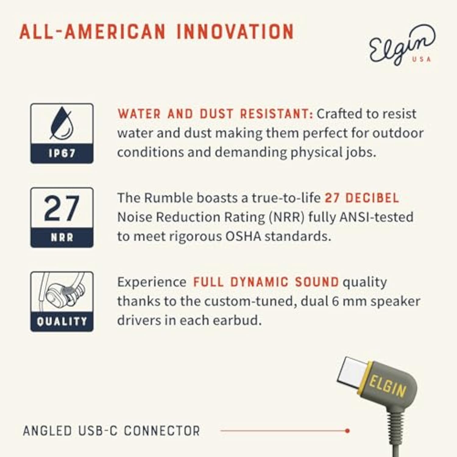 Elgin Rumble Wired Earplug Headphones, 27 dB NRR Waterproof Hearing Protection Earbuds w/Noise-Isolating Mic & in-Line Controller, OSHA Compliant, ANSI Certified, Kevlar Reinforced Cable, IP67, USB-C